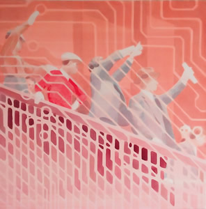 Relay<br />2017 Ink, fluorescent pigment and oil on canvas. 90cm x 90cm