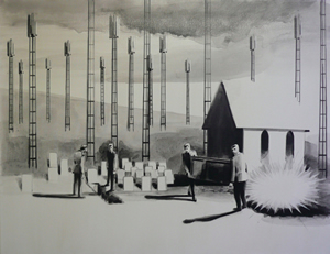 Laid to Rest<br />2008 Ink and oil on canvas 130cm x 100cm
