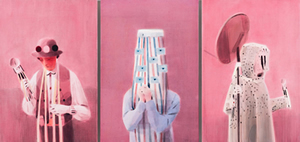 The Performers<br />2014 (Triptych) Ink and oil on panel 102cm x 50cm