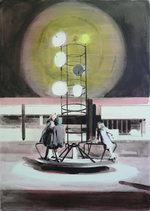 Rotation<br />2009 Ink and oil on paper. Print available from <a href='http://www.jealousgallery.com/artists/adam-dix'>Jealous Gallery</a> 67cm x 47cm