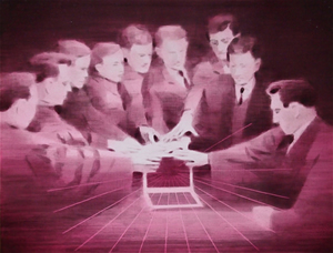 Founding Fathers<br />2012 Ink, fluorescent pigment and oil on panel 51cm x 49cm