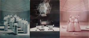 The Hive<br />2011 (triptych) Ink and oil on panel 51cm x 117cm