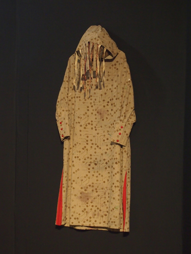 Cloak<br />2013 Hand silk screened antique fabric and vintage ribbon